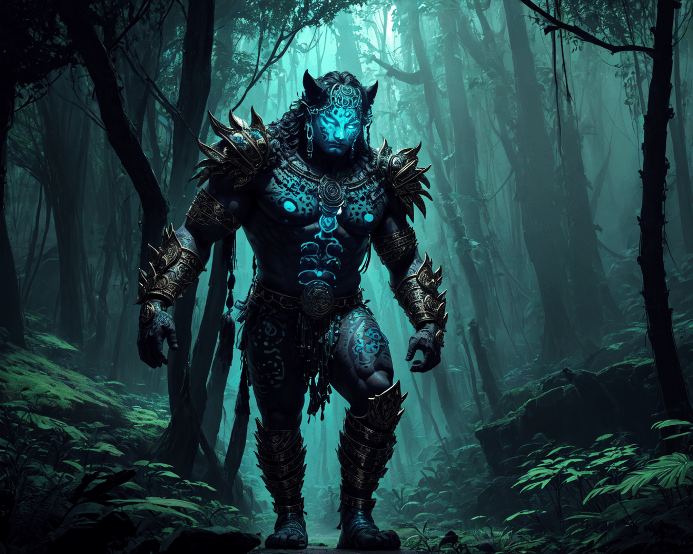 AI generated wallpaper featuring forest spirit, mythical warrior, troll