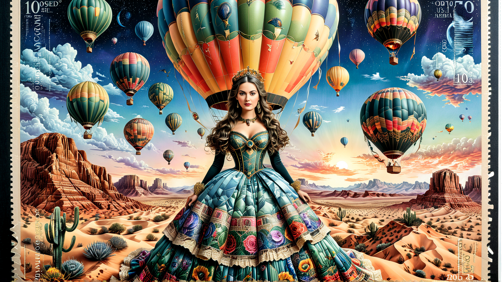 AI generated wallpaper featuring woman, hot air balloons, desert
