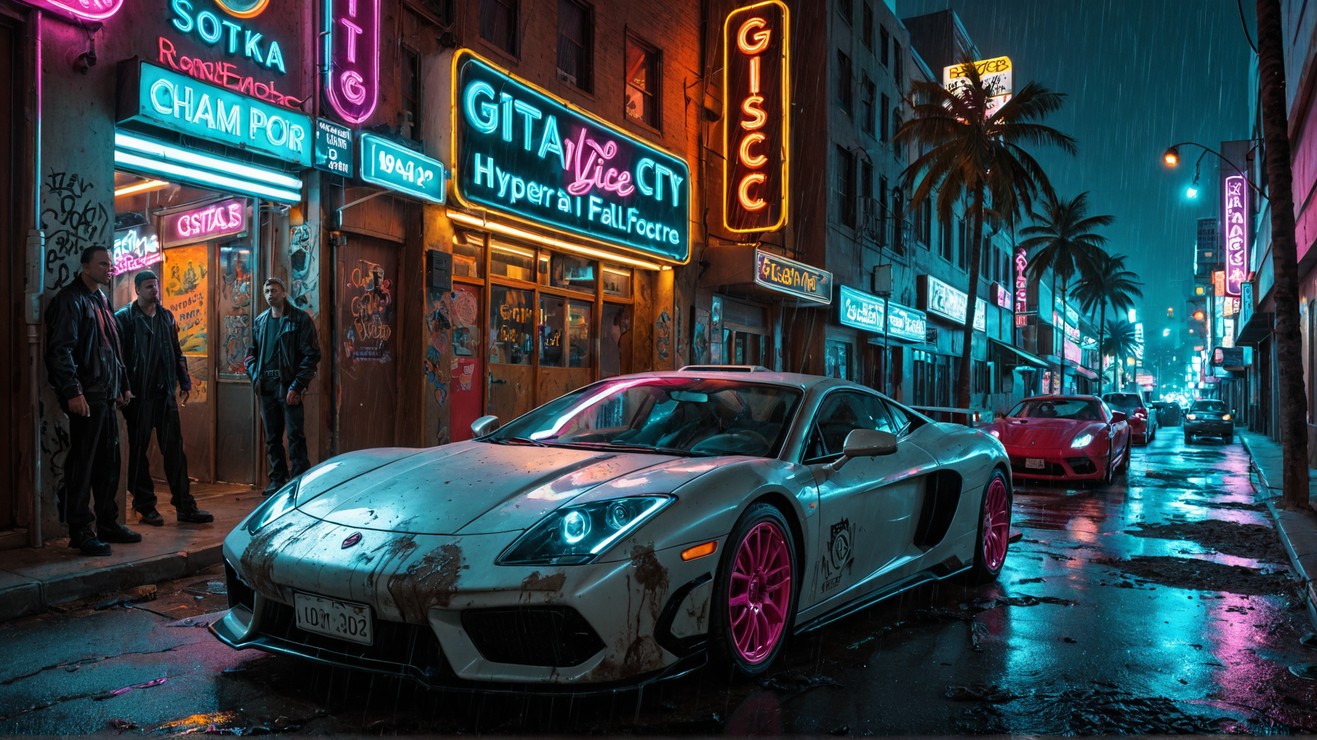 AI generated wallpaper featuring sports car, neon signs, street