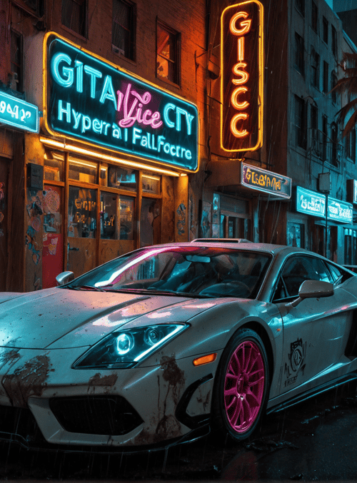 sports car, neon signs, street