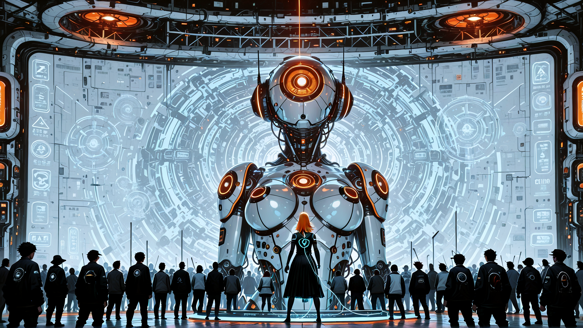 AI generated wallpaper featuring robot, person, crowd, screen, tech, dome, future, circuit, light, glasses