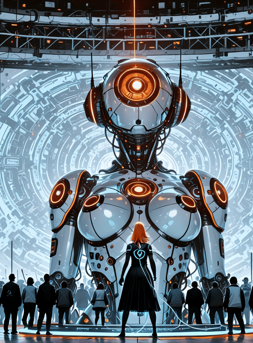 robot, person, crowd, screen, tech, dome, future, circuit, light, glasses