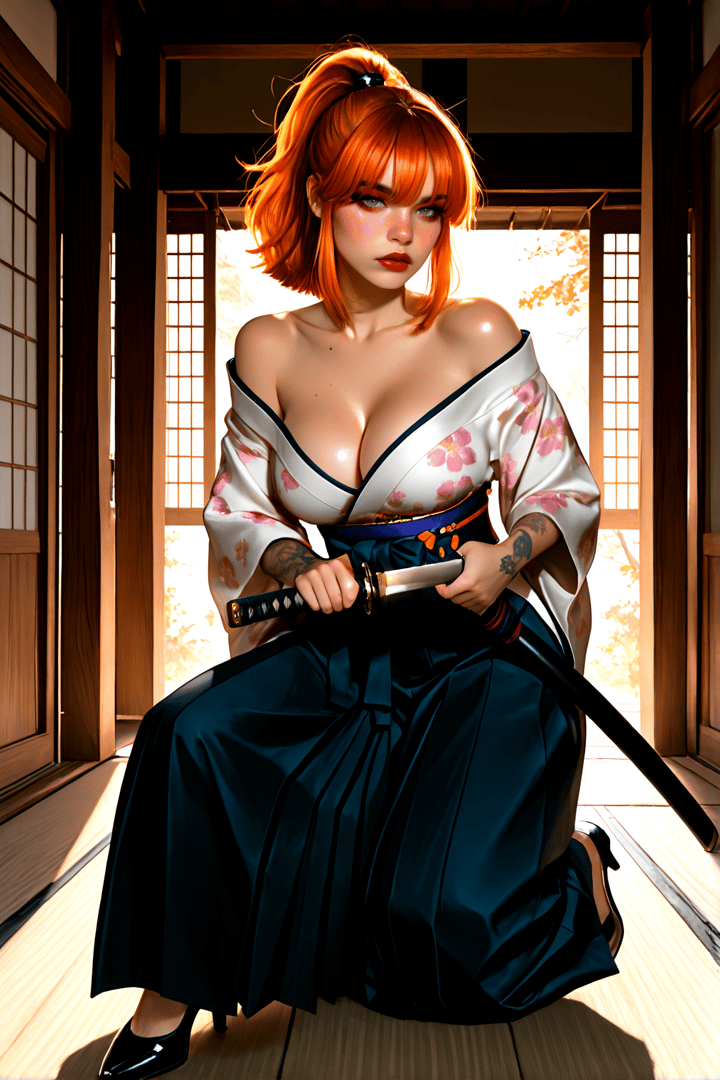 AI generated wallpaper featuring woman, samurai, kimono, sword, orange hair