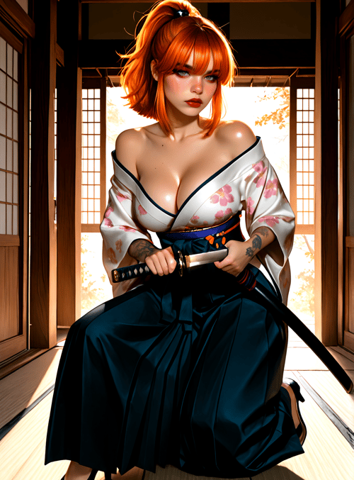 woman, samurai, kimono, sword, orange hair