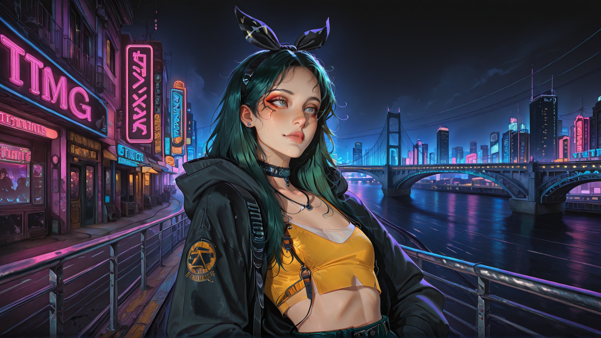 AI generated wallpaper featuring girl, neon city, bridge, street, neon sign