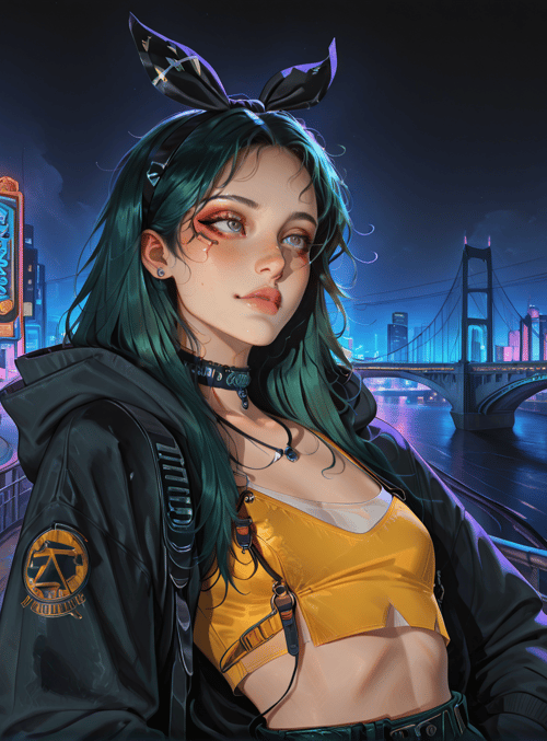 girl, neon city, bridge, street, neon sign