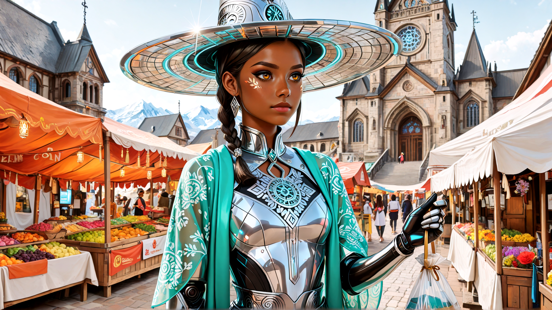 AI generated wallpaper featuring woman, market, gown, hat, gloves, church, stalls, fruits, flowers, braid