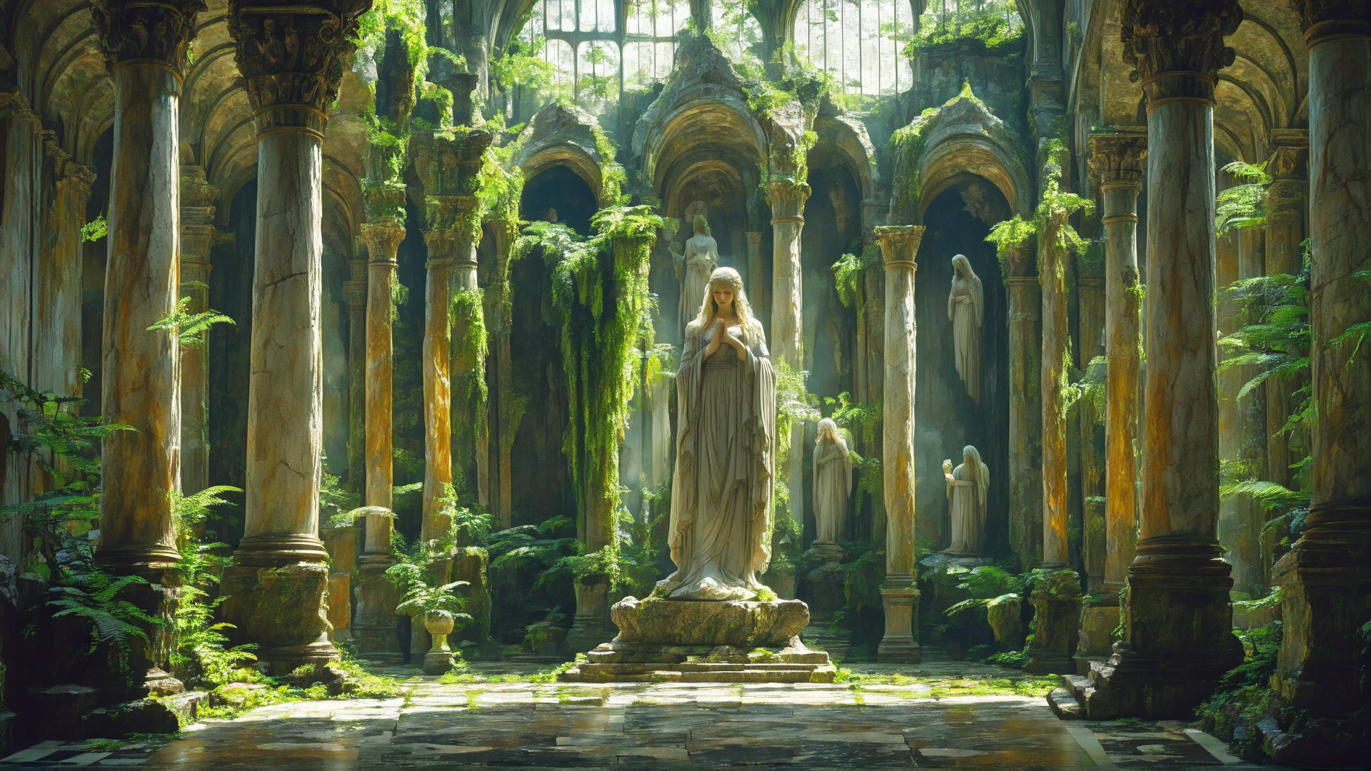 AI generated wallpaper featuring statue, column, arch, fern, stone, garden, building, light, moss, angel