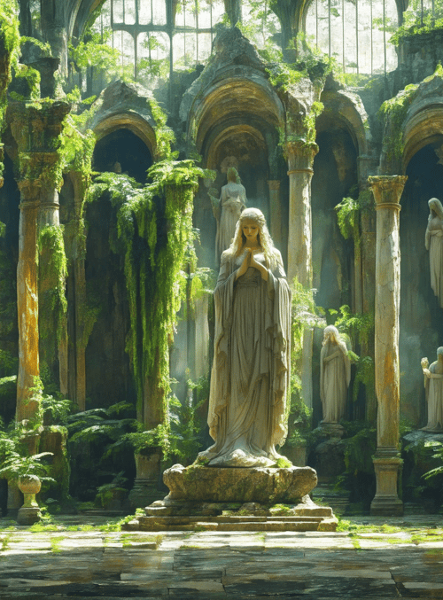 statue, column, arch, fern, stone, garden, building, light, moss, angel