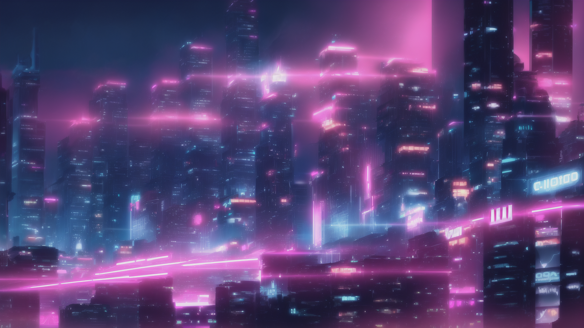 AI generated wallpaper featuring cityscape, neon lights, skyscrapers