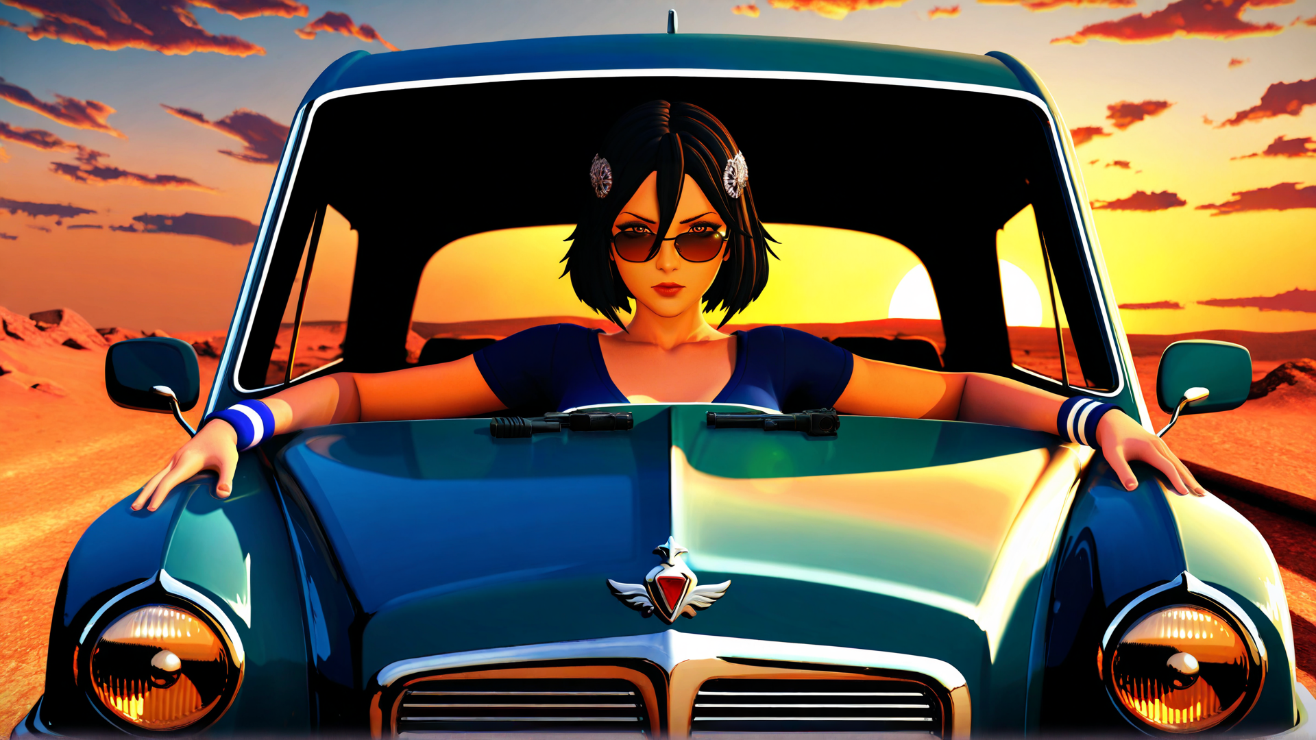 AI generated wallpaper featuring woman, car, desert, sunset, sunglasses, wristbands