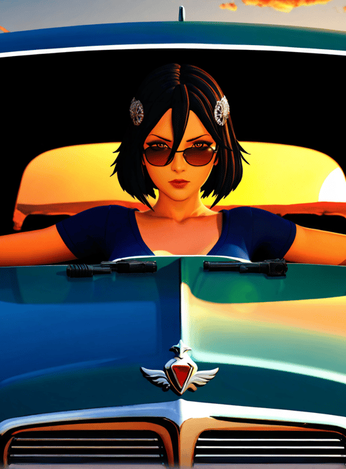 woman, car, desert, sunset, sunglasses, wristbands