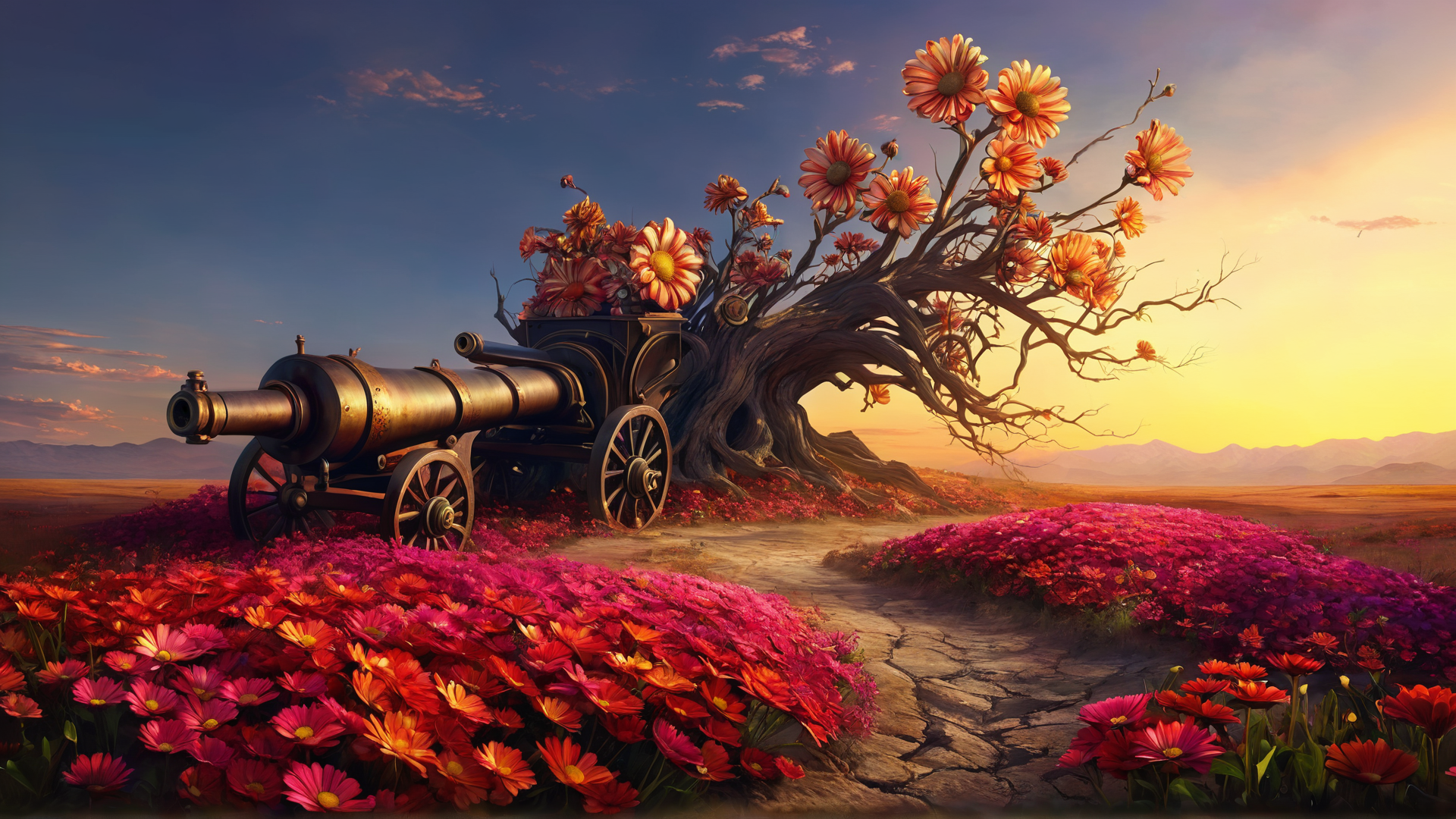 AI generated wallpaper featuring cannon, tree, flowers, path, sun, mountains, sky, field