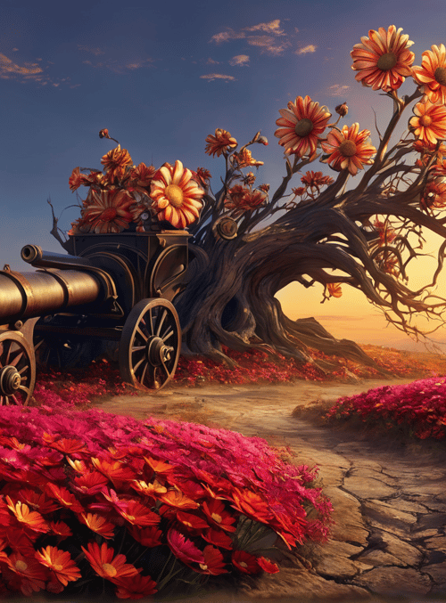 cannon, tree, flowers, path, sun, mountains, sky, field