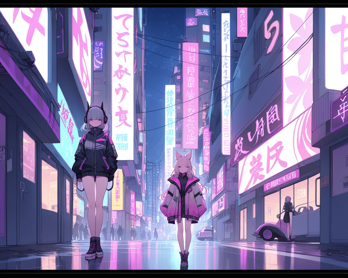 AI generated wallpaper featuring anime characters, cyberpunk street, neon signs