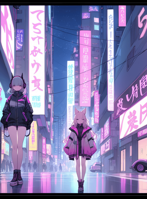anime characters, cyberpunk street, neon signs