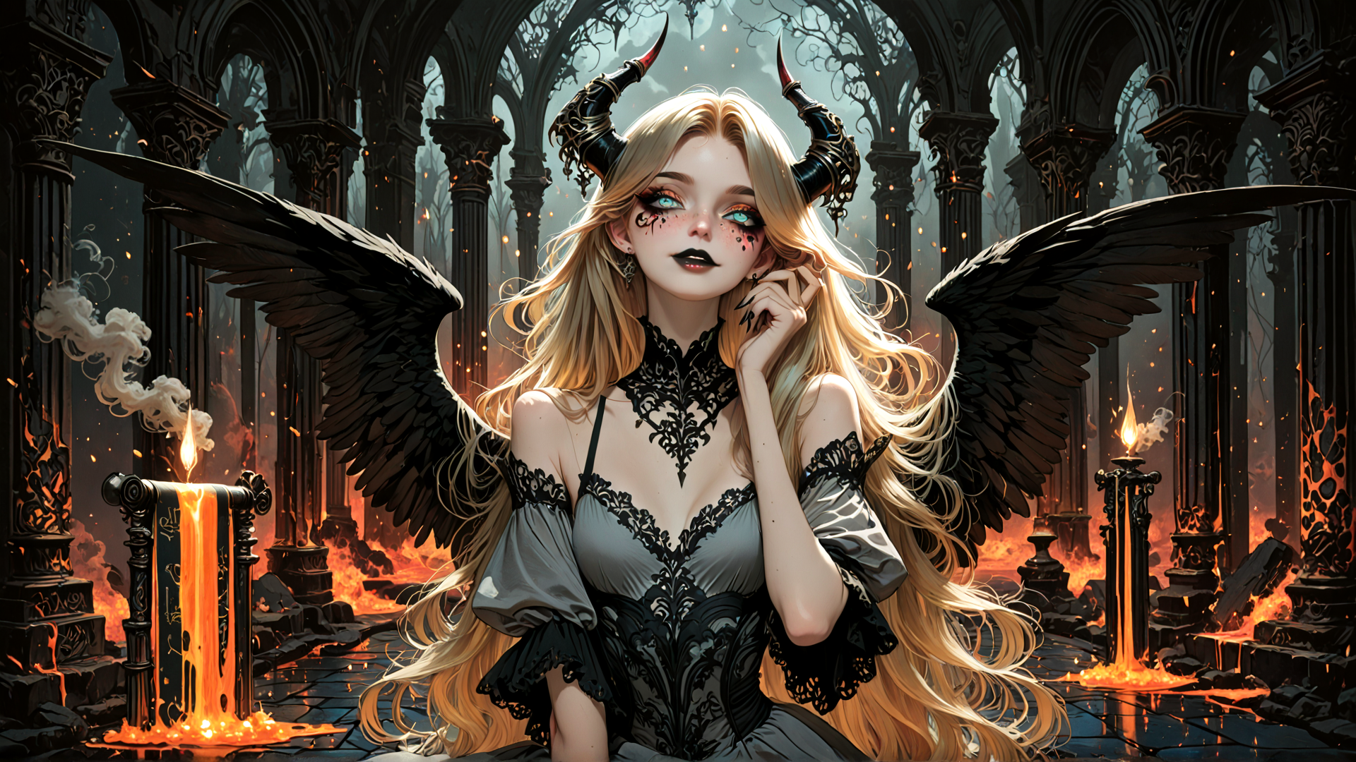 AI generated wallpaper featuring devil, angel, woman, wing, candle, column, fire, cathedral, horn, smoke