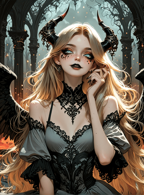 devil, angel, woman, wing, candle, column, fire, cathedral, horn, smoke