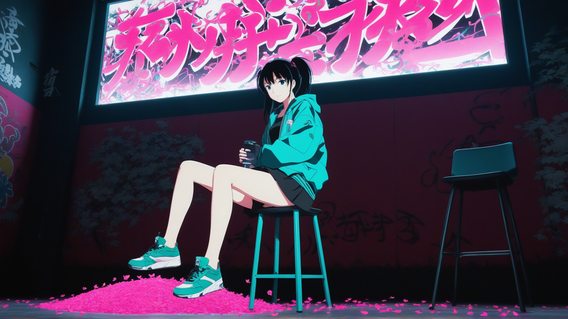 AI generated wallpaper featuring anime girl, stool, mochi