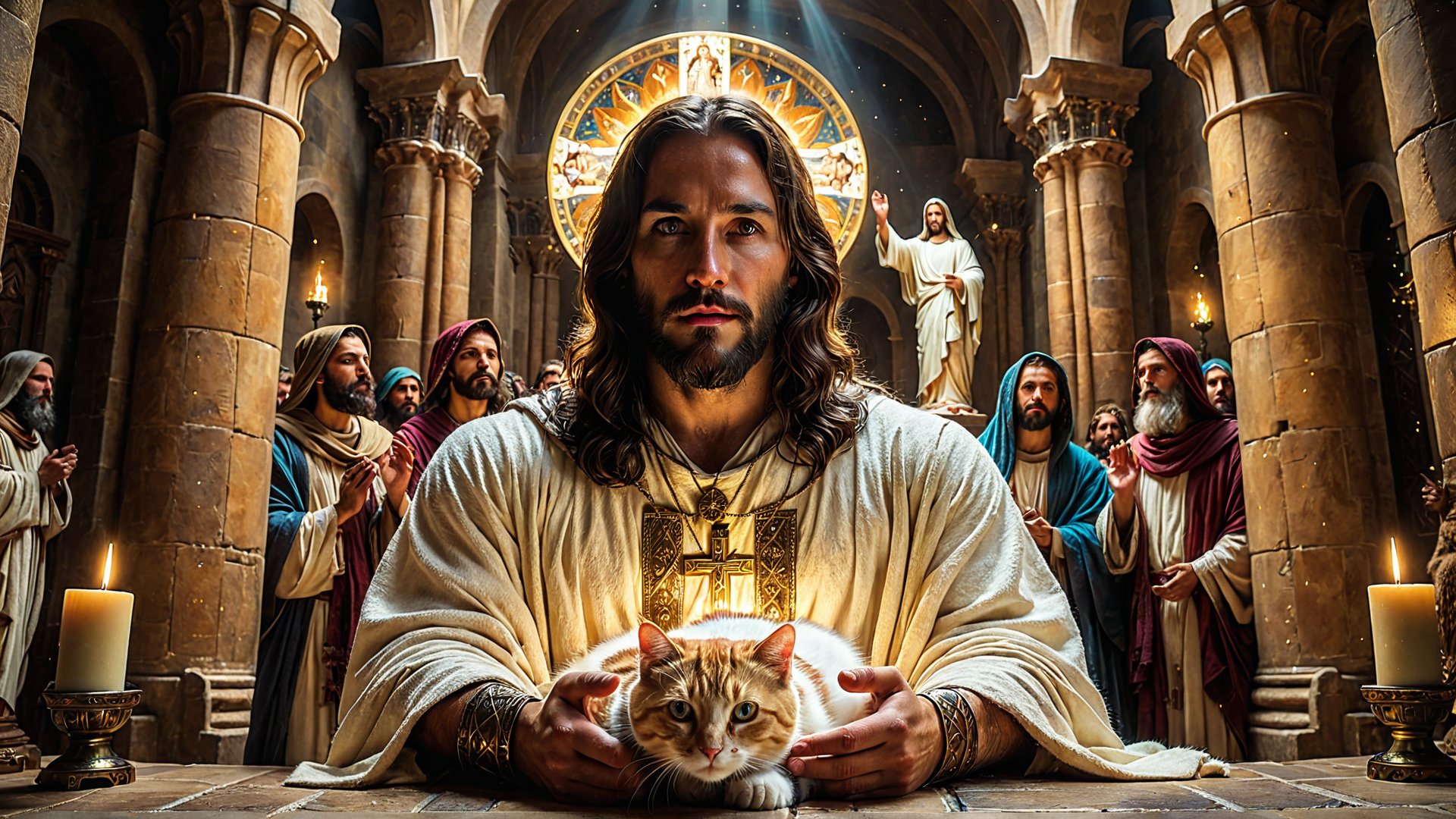AI generated wallpaper featuring jesus, cat, cathedral, people, candle