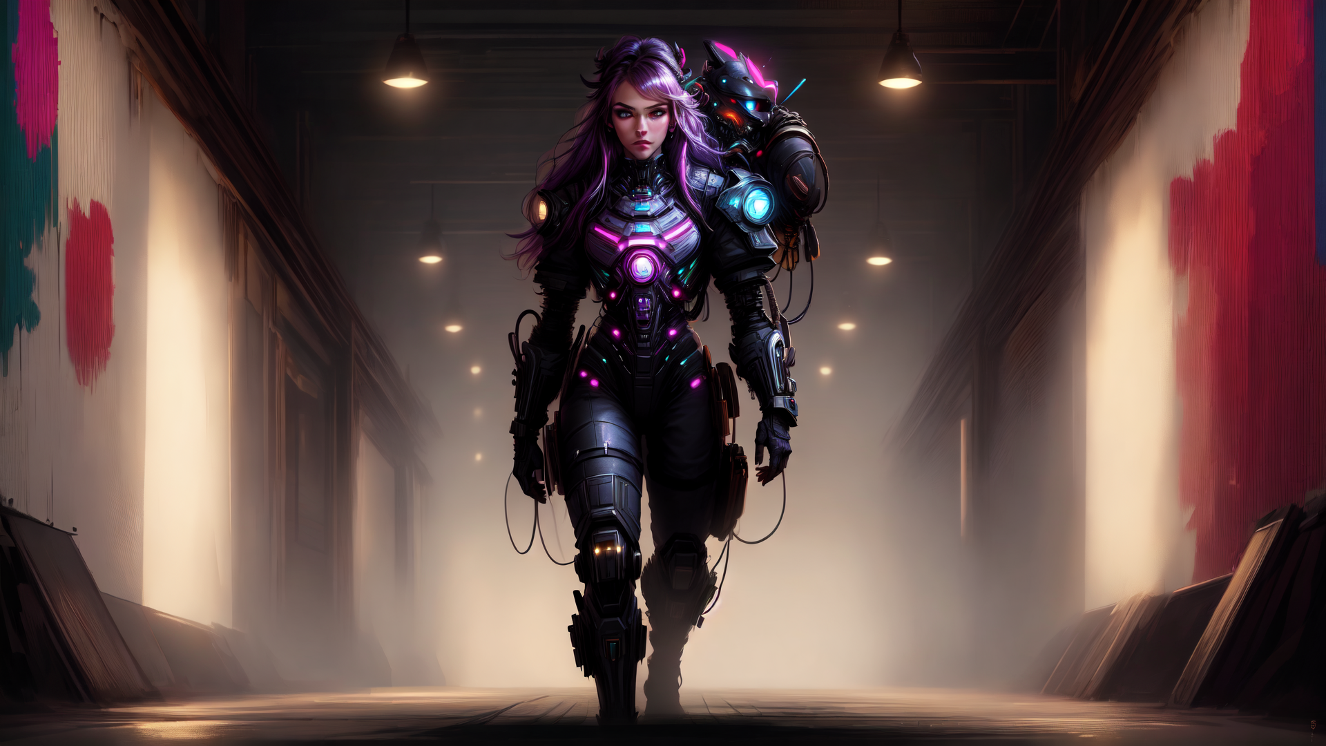 AI generated wallpaper featuring cyborg, woman, robot, armor, helmet