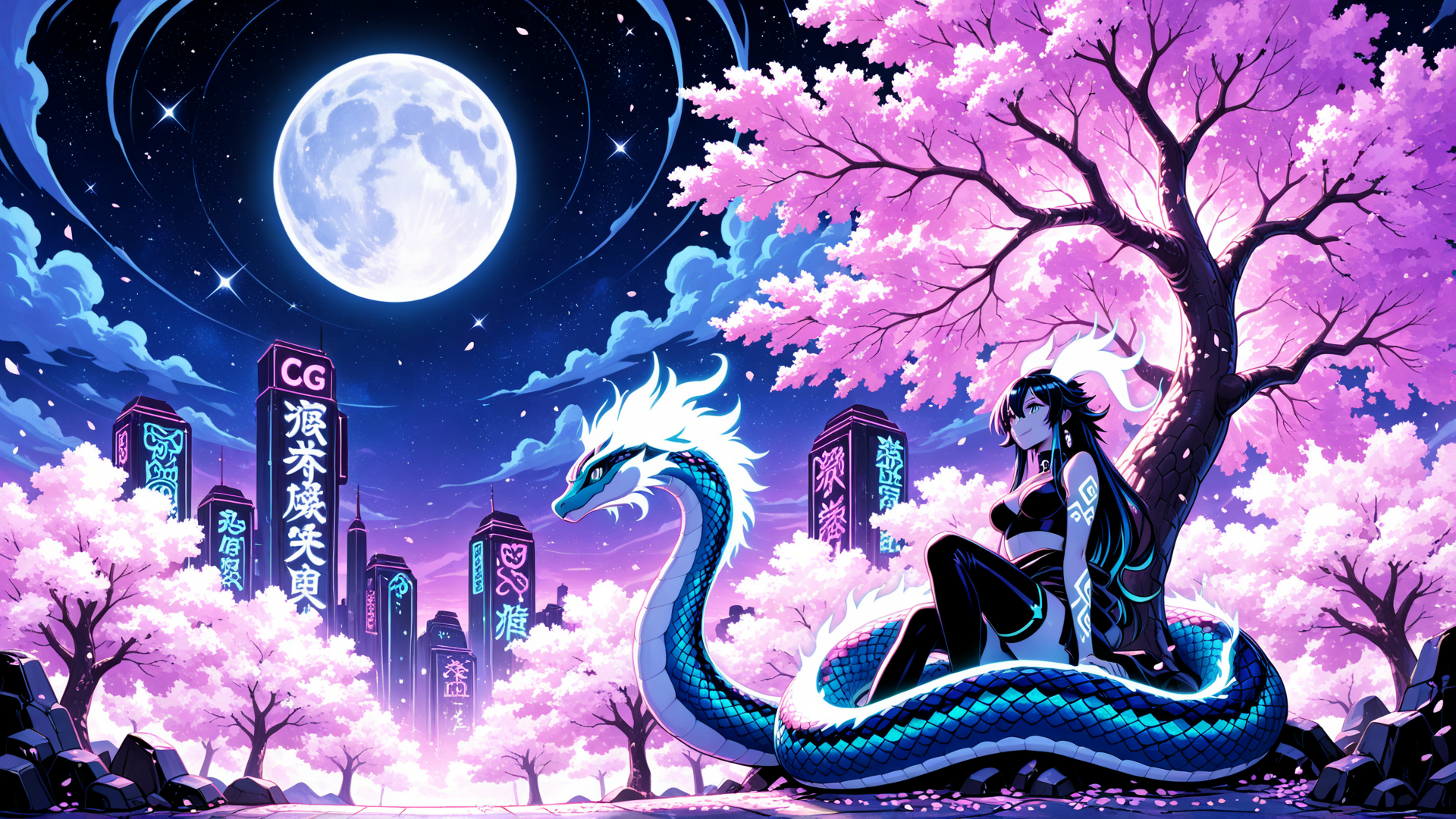 AI generated wallpaper featuring dragon, woman, cherry blossom, city, moon, stars, neon, tree, scales, hair
