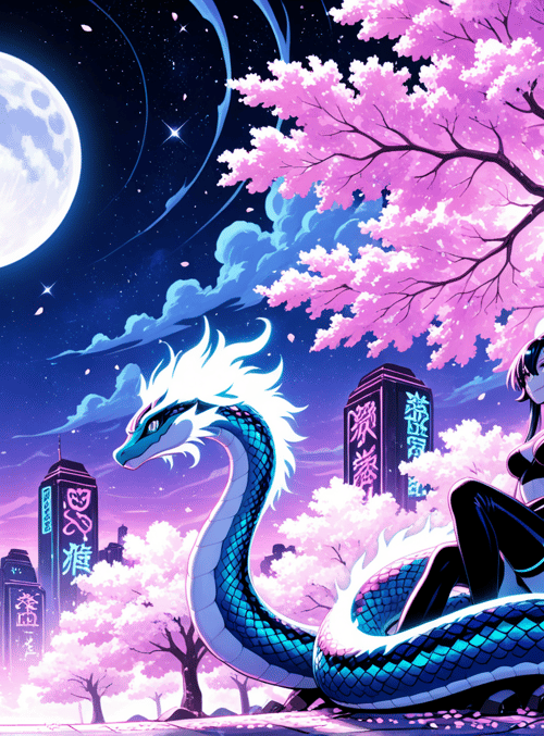 dragon, woman, cherry blossom, city, moon, stars, neon, tree, scales, hair