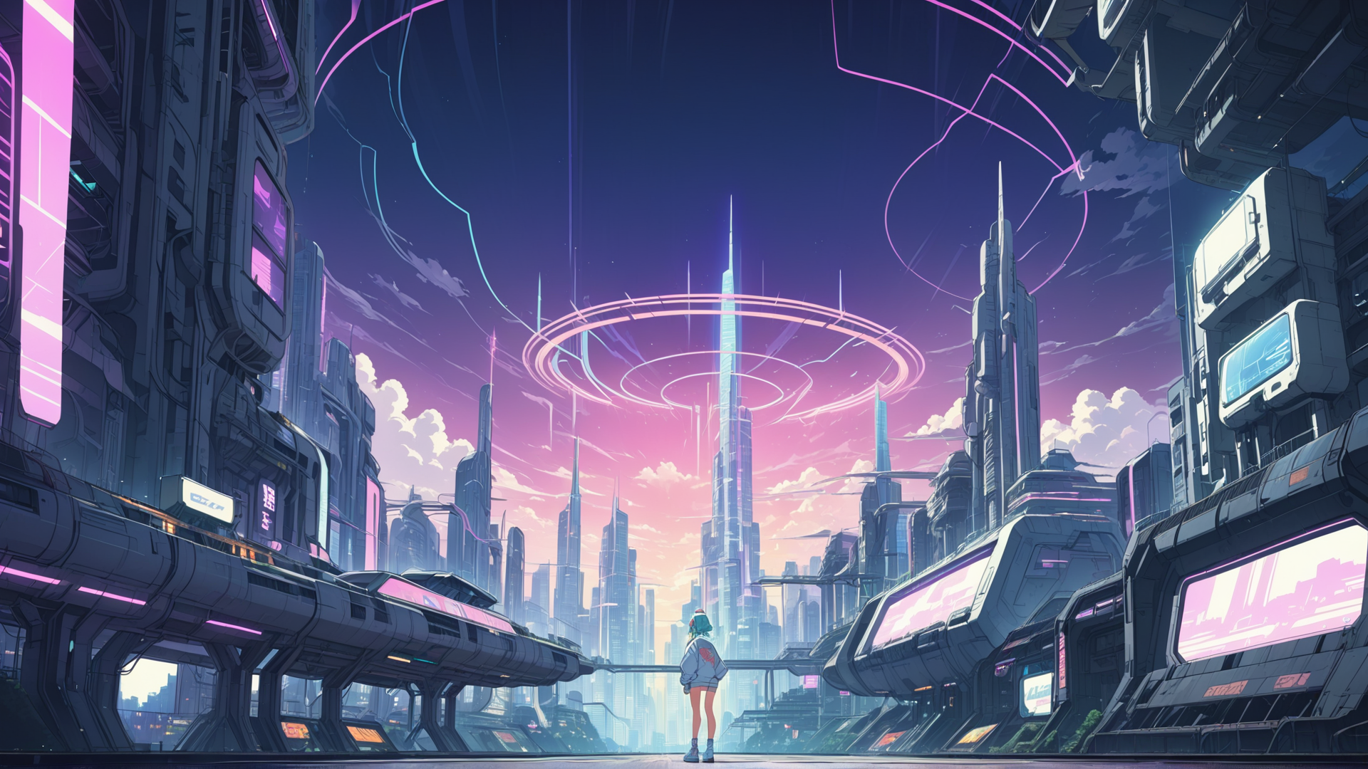 AI generated wallpaper featuring girl, cityscape, skyscrapers