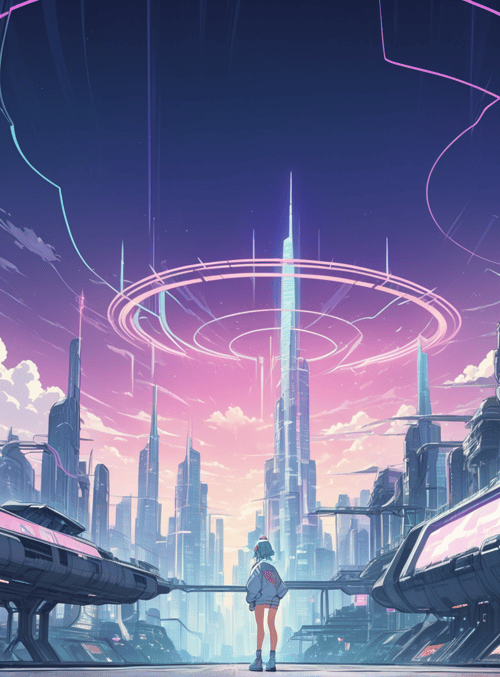 girl, cityscape, skyscrapers