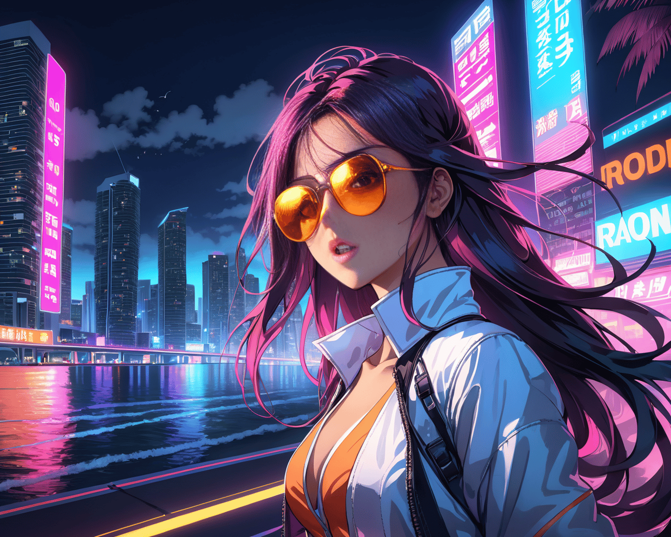 AI generated wallpaper featuring woman, cityscape, neon