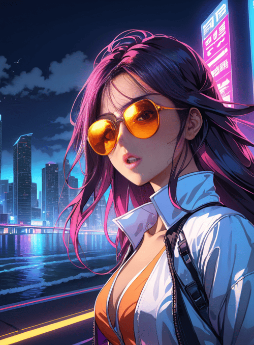 woman, cityscape, neon