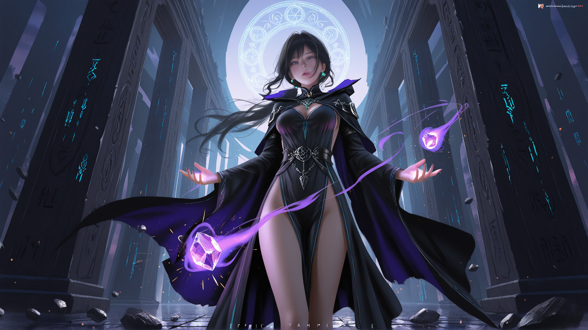 AI generated wallpaper featuring witch, crystal, ancient ruins