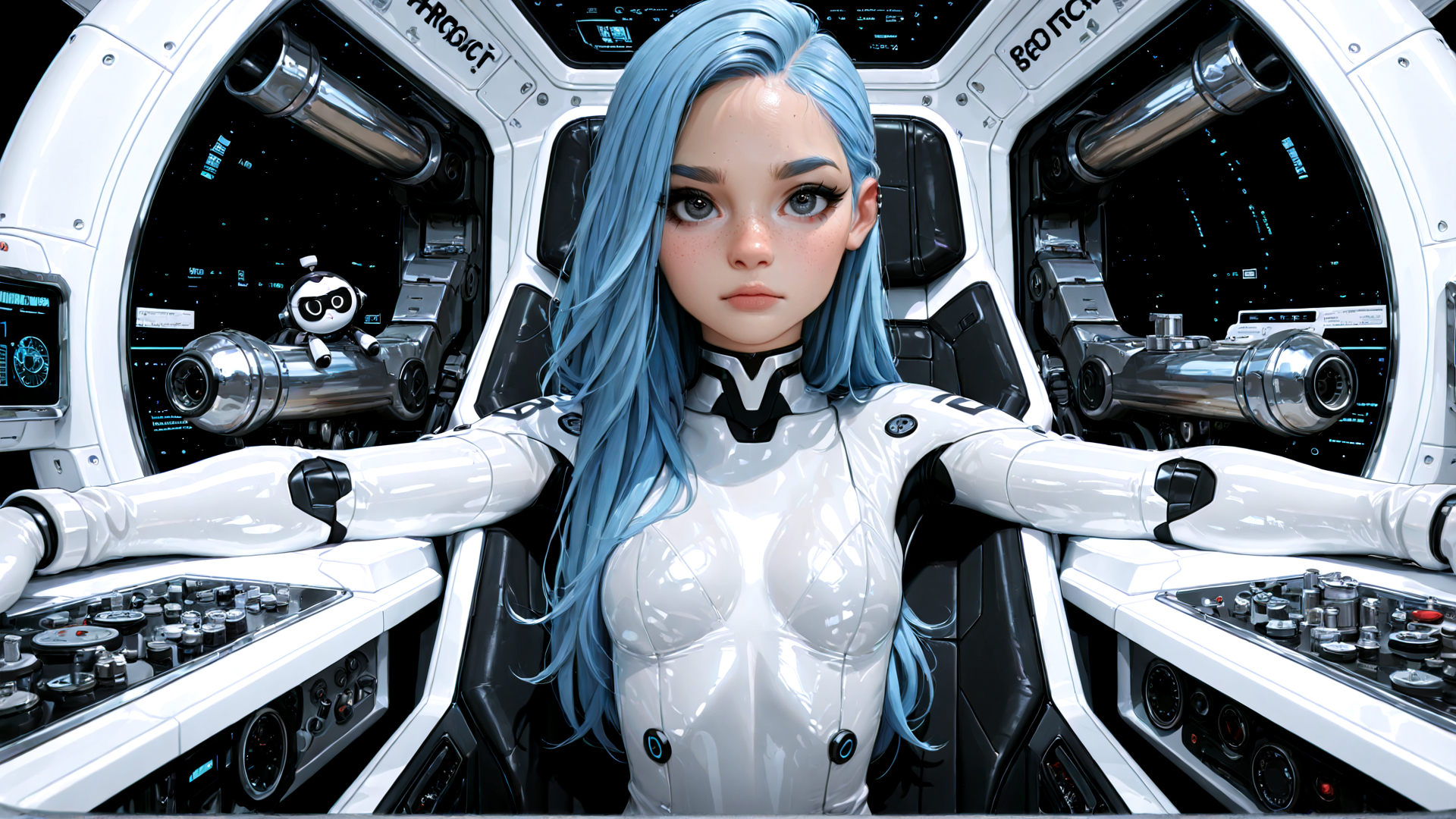 AI generated wallpaper featuring cyborg, female, spaceship, robot, goggles, helmet, control panel, pilot, futuristic, suits