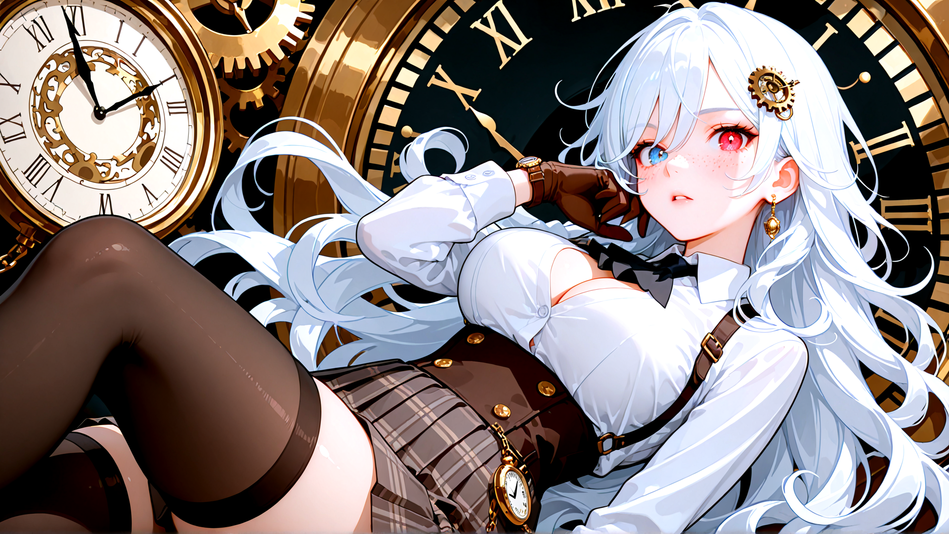 AI generated wallpaper featuring girl, clock, gears, dress, hosiery, watch, bow, earrings, hair, gears