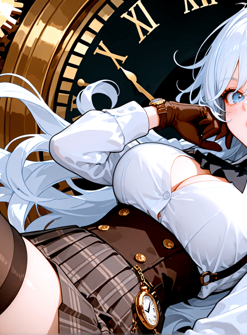 girl, clock, gears, dress, hosiery, watch, bow, earrings, hair, gears