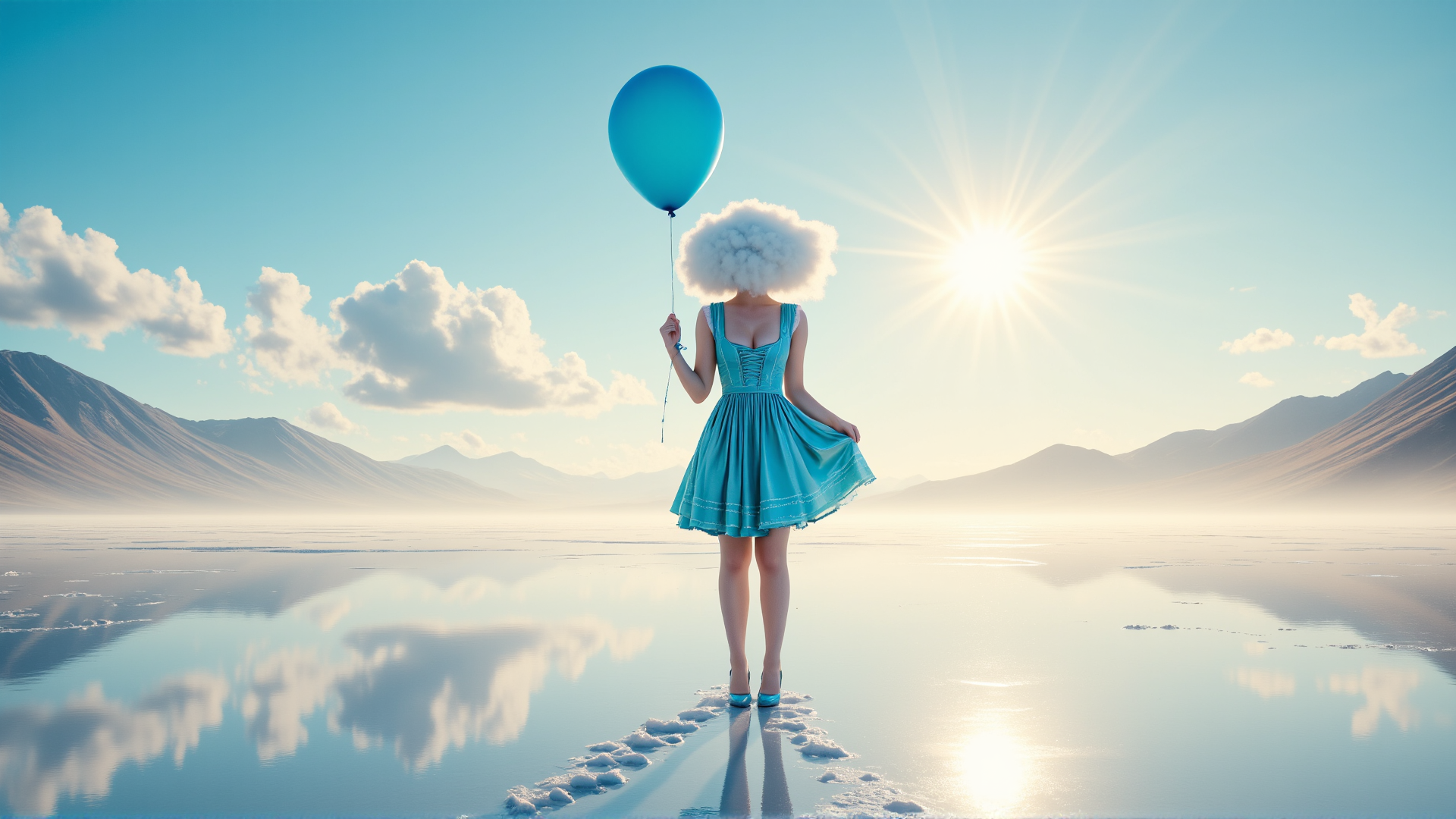 AI generated wallpaper featuring woman, balloon, lake