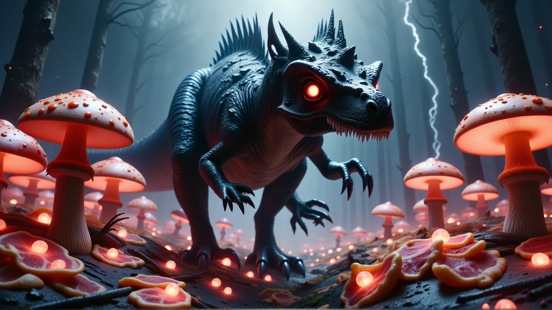 AI generated wallpaper featuring dinosaur, mushroom, forest, fungal, creature, glow, lightning, tree, lumen, lichen