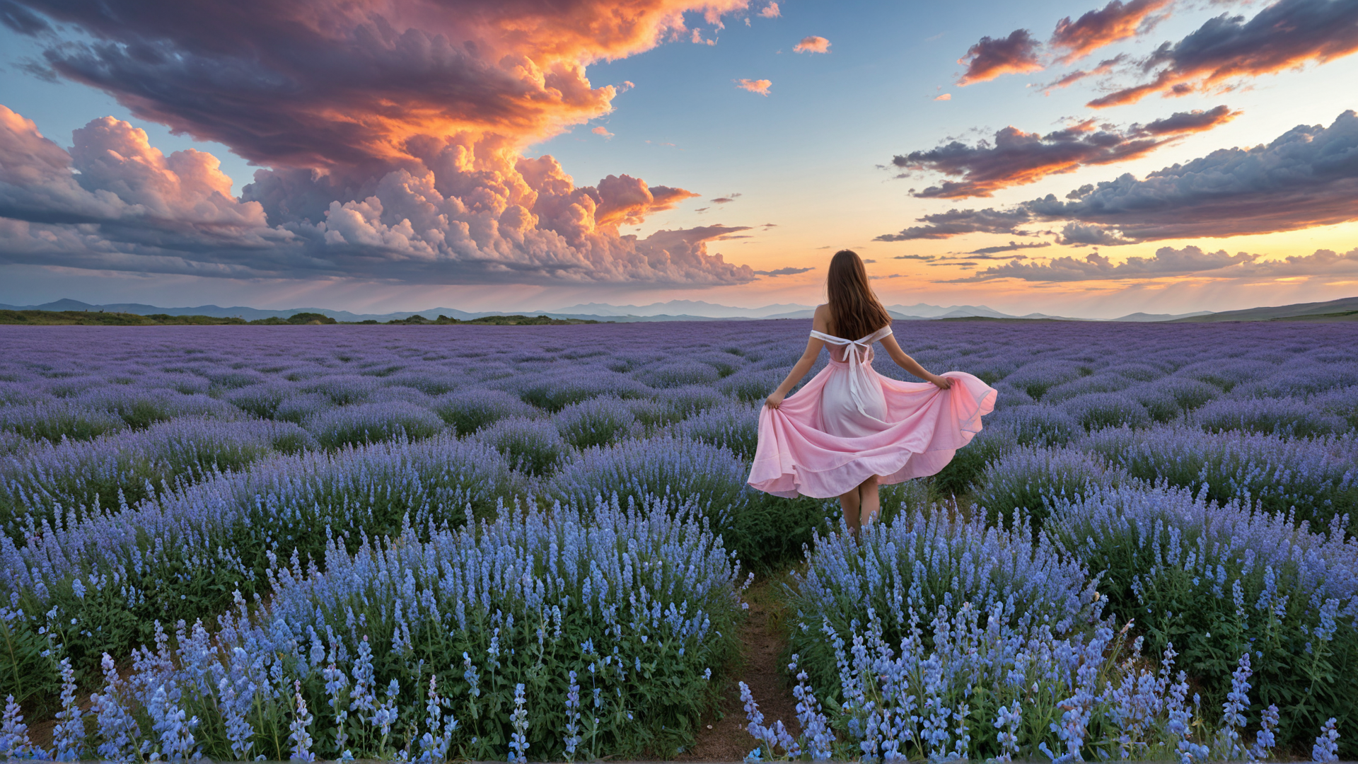 AI generated wallpaper featuring woman, lavender field, sunset