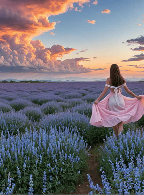 woman, lavender field, sunset