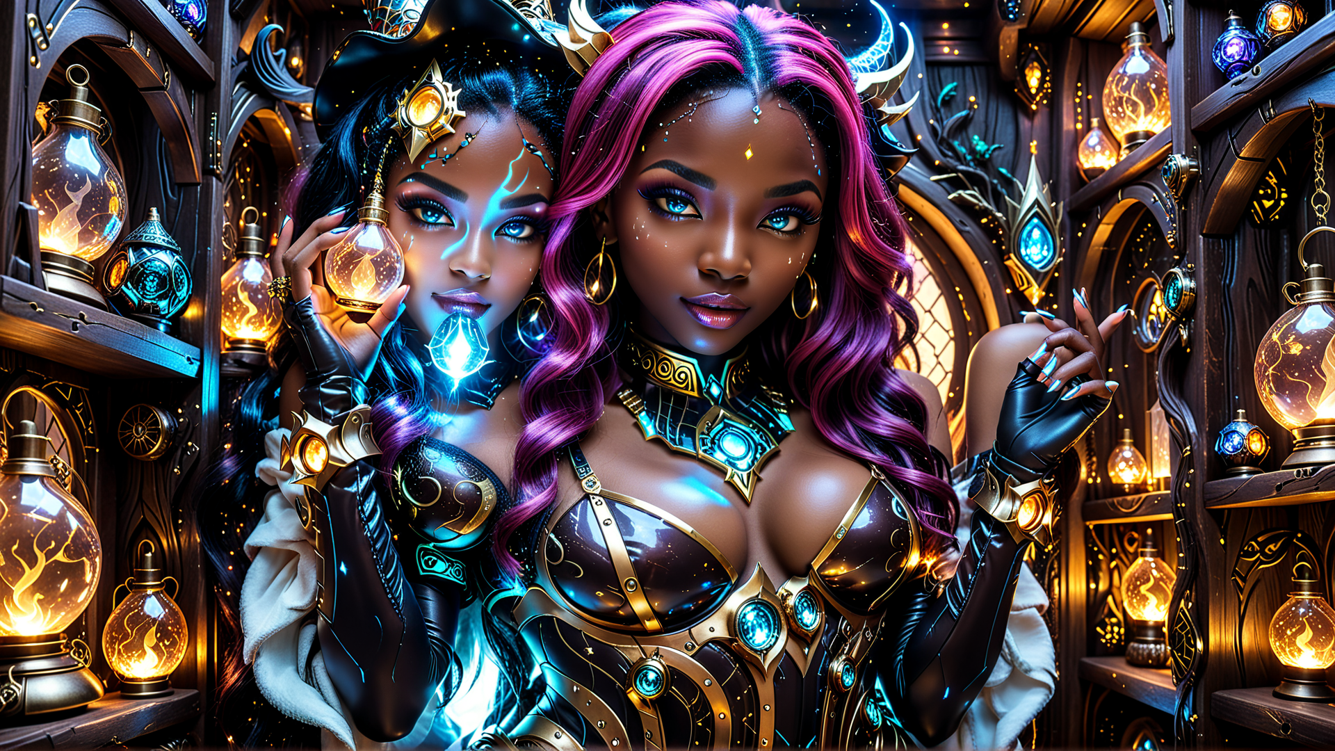 AI generated wallpaper featuring women, wizard, witch, magic, lamps