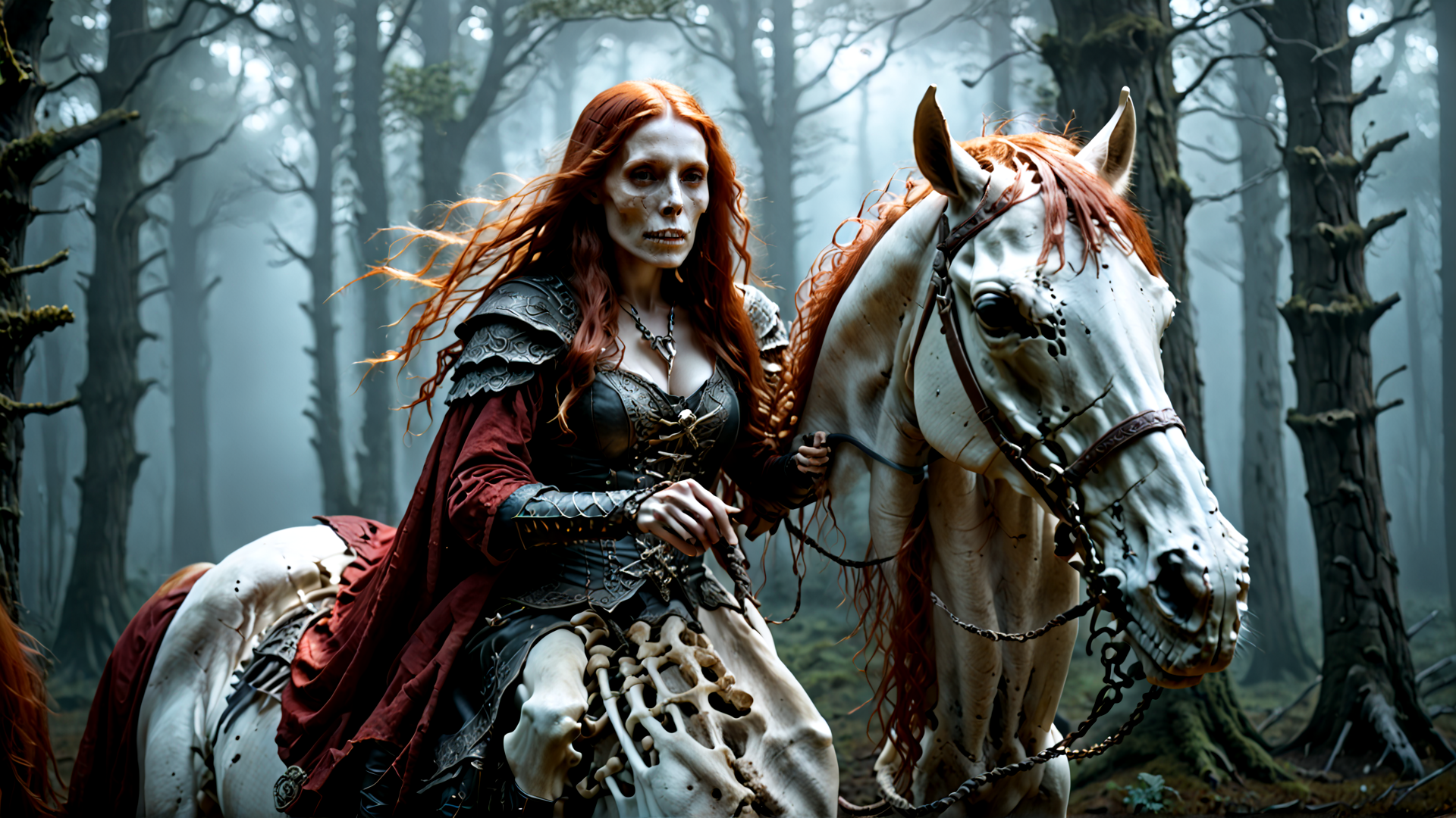 AI generated wallpaper featuring woman, horse, skeleton, forest, redhair
