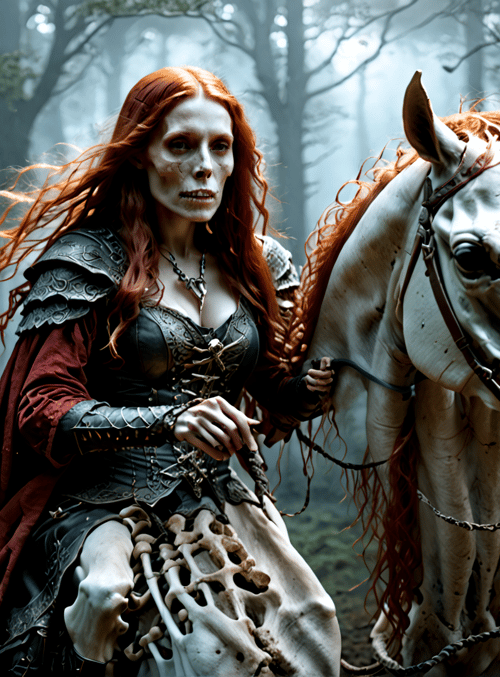 woman, horse, skeleton, forest, redhair