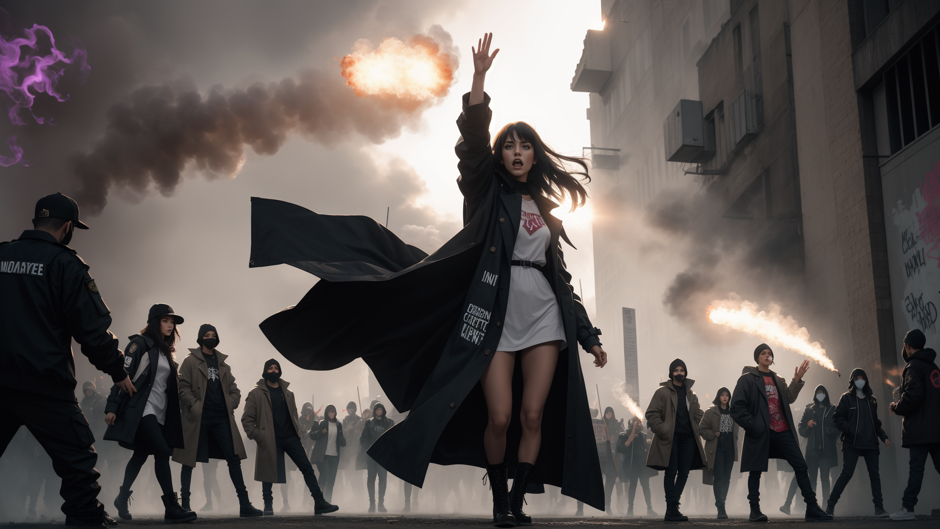AI generated wallpaper featuring protester, crowd, smoke