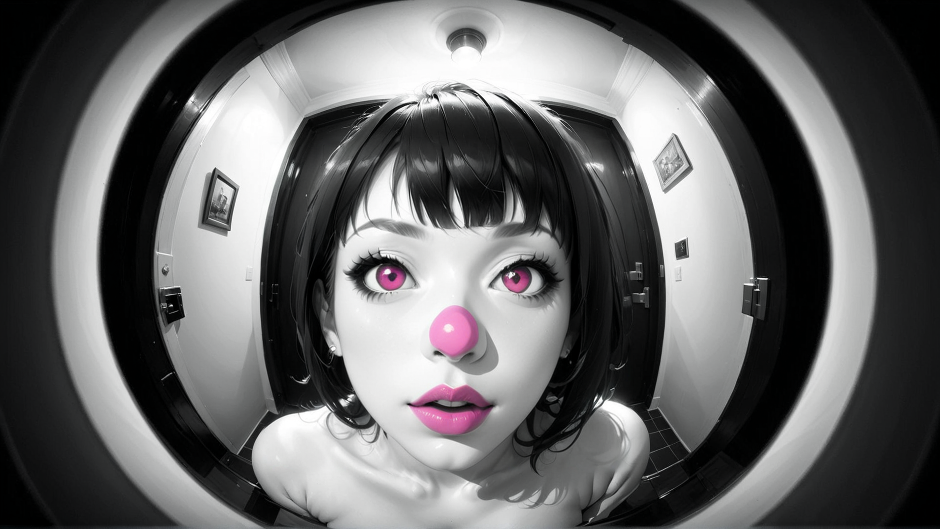 AI generated wallpaper featuring woman, nose, eyes, hair, door, corridor