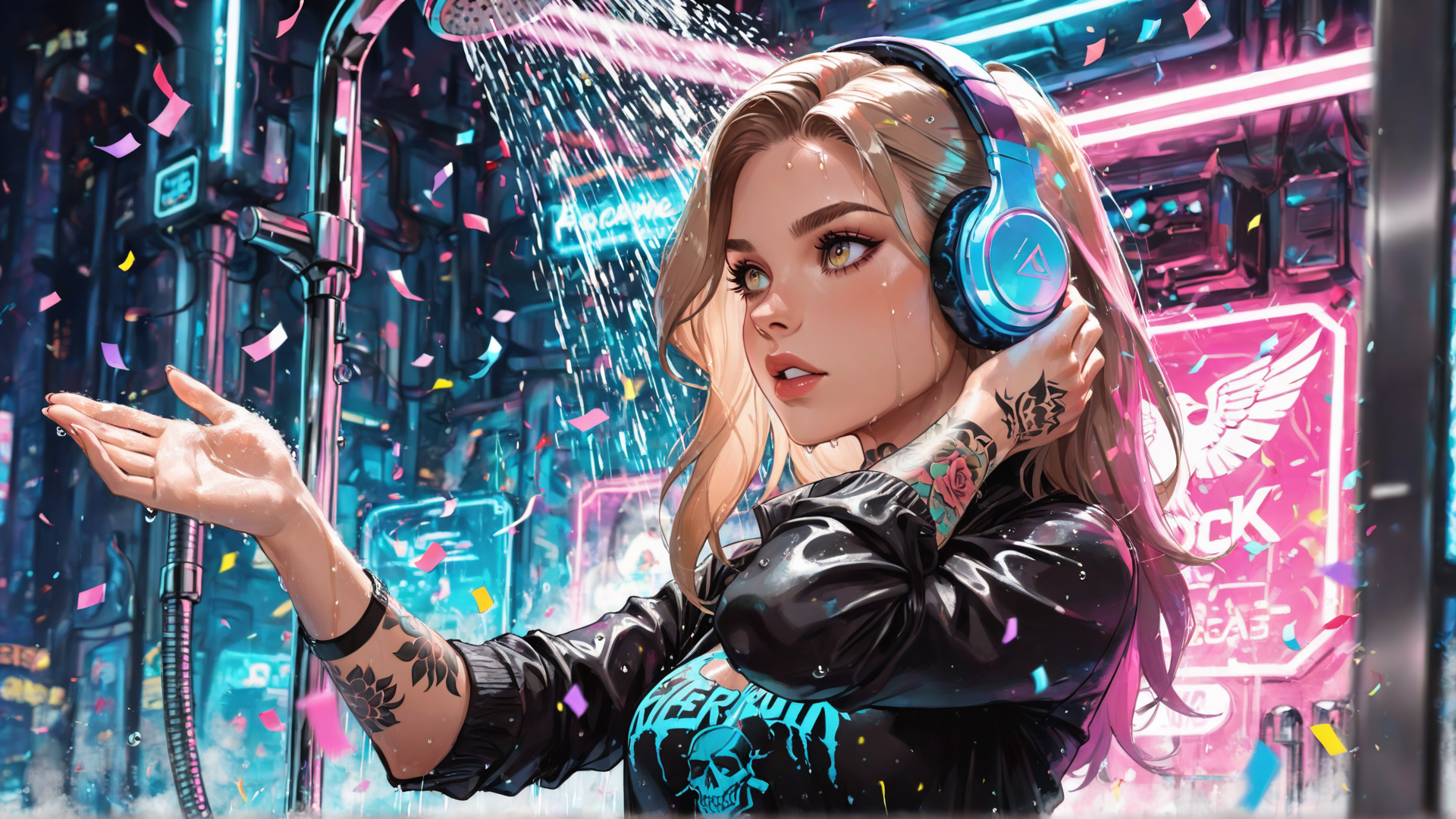 AI generated wallpaper featuring woman, headphones, tattoo, confetti, neon, city, skull, rain, headphones, shower