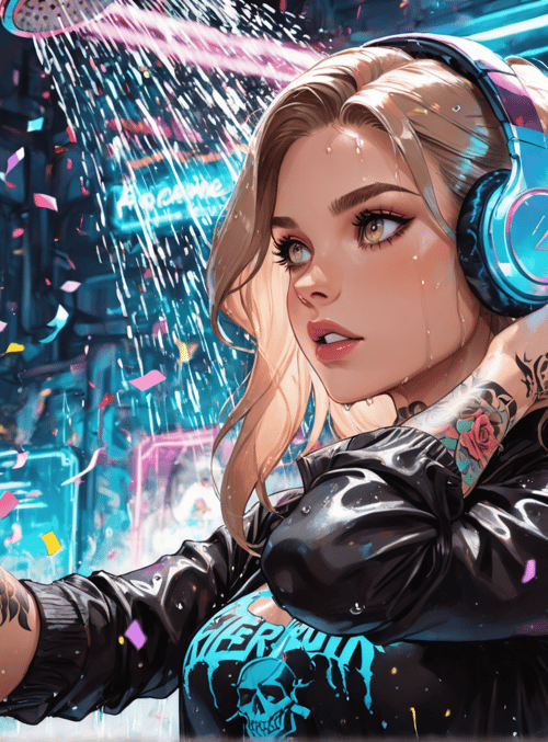 woman, headphones, tattoo, confetti, neon, city, skull, rain, headphones, shower