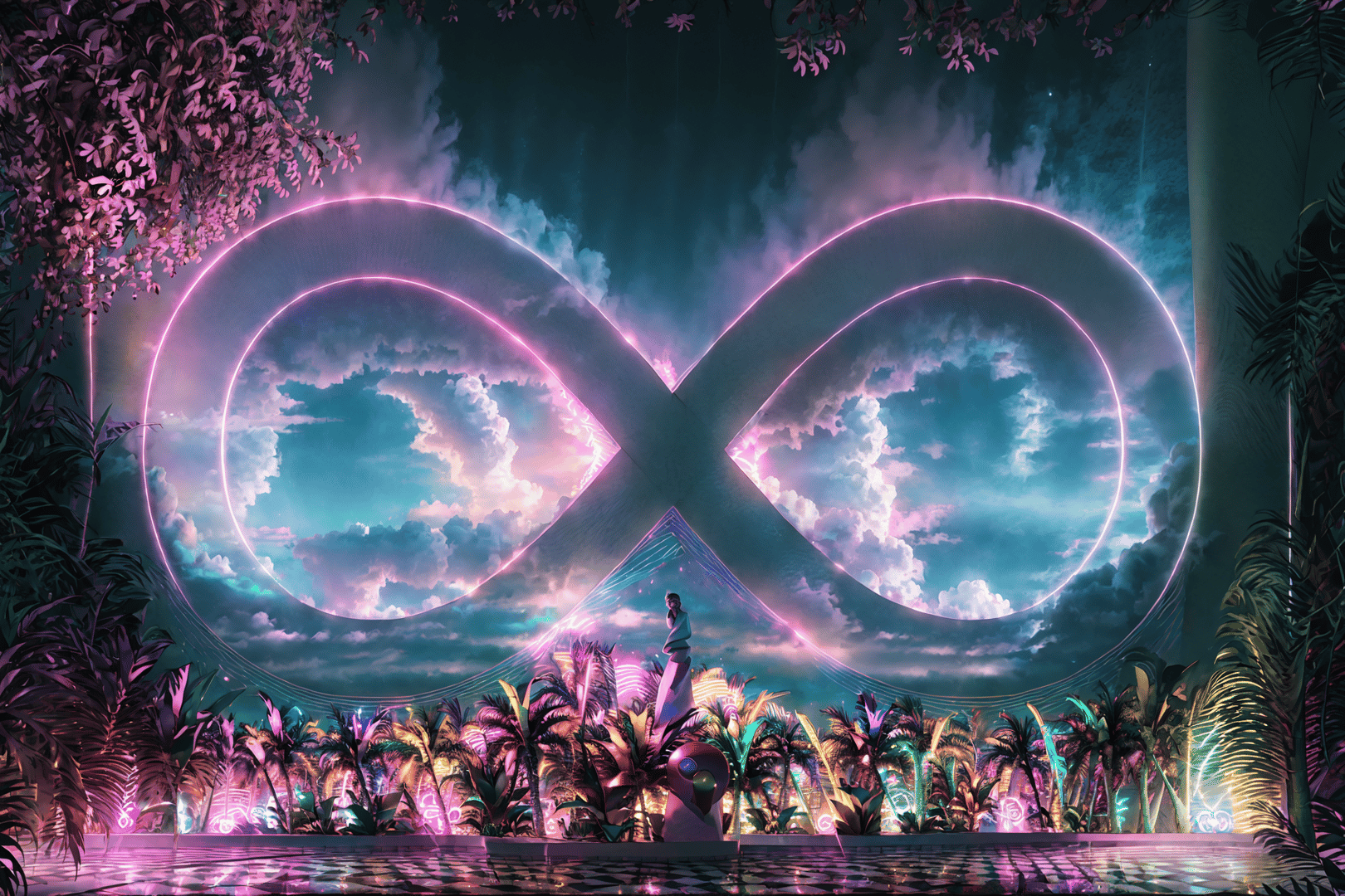 AI generated wallpaper featuring infinity symbol, tropical garden, statue