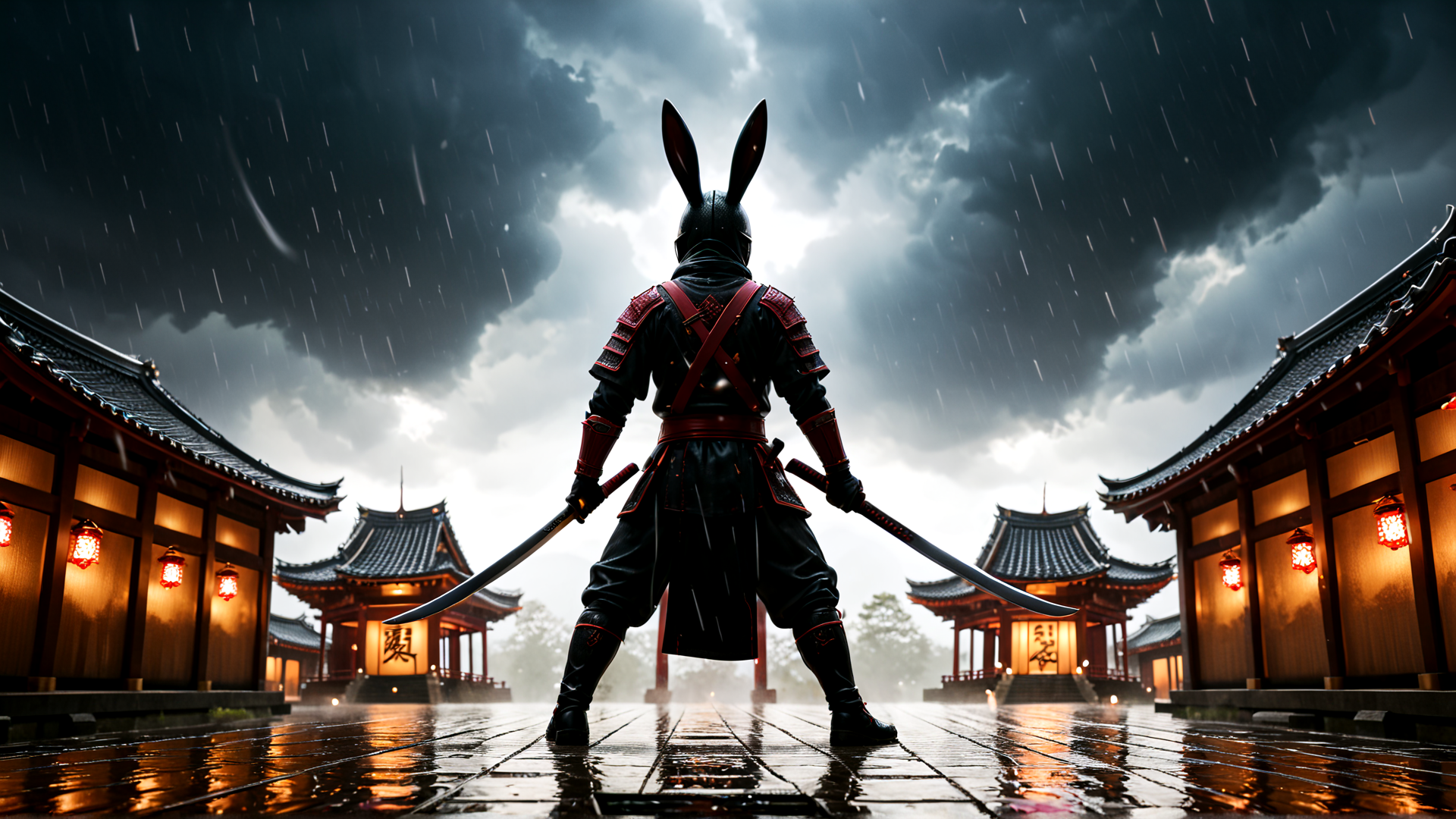 AI generated wallpaper featuring rabbit, samurai, sword, temple, rain