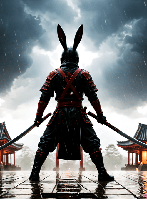 rabbit, samurai, sword, temple, rain