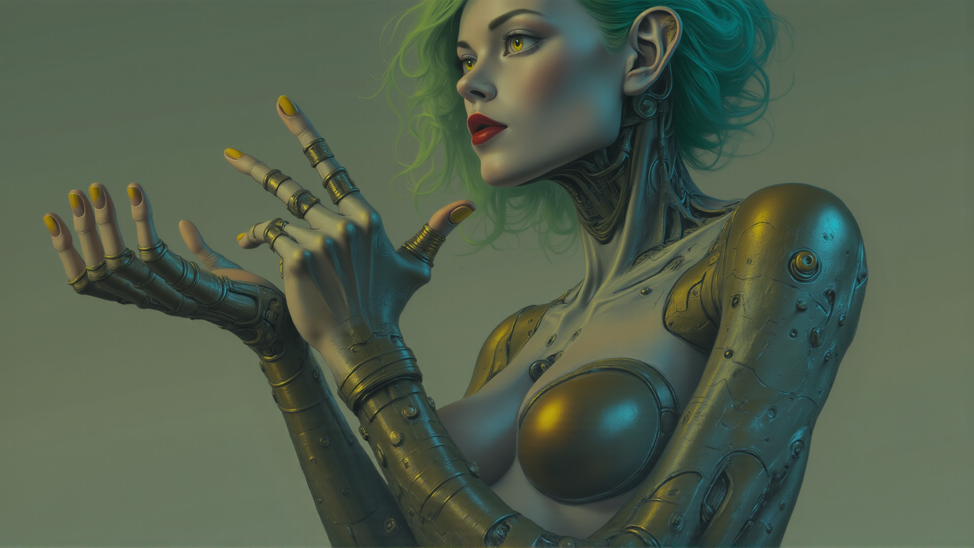 AI generated wallpaper featuring cyborg, woman, hands, mechanical, arms, breast, hair